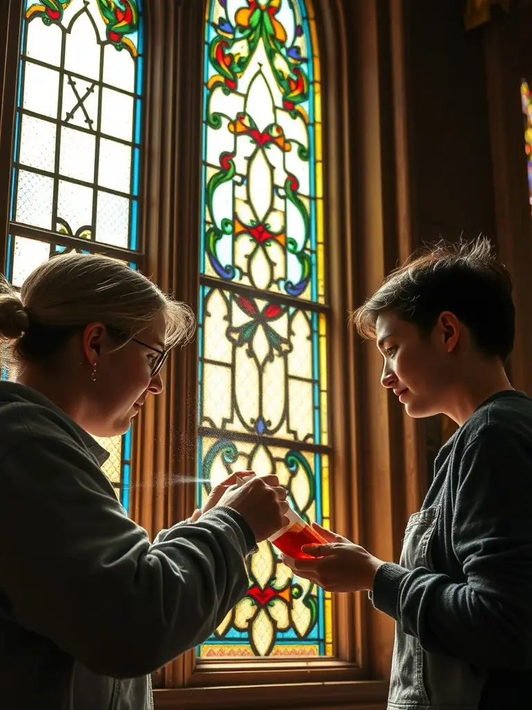 A photograph of volunteers cleaning and restoring a stained glass window in the Église Saint-Hilaire, showcasing the meticulous work involved in preserving the church's artistic heritage.