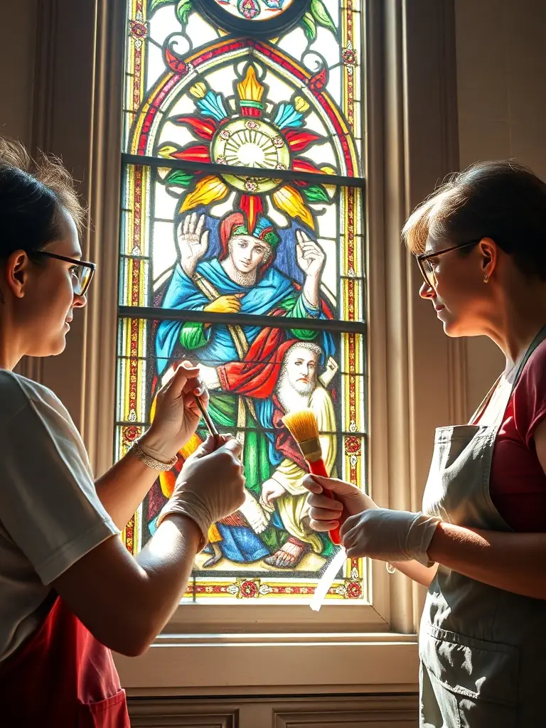 A photograph of volunteers cleaning and restoring a stained glass window in the Église Saint-Hilaire, showcasing the meticulous work involved in preserving its artistic heritage.