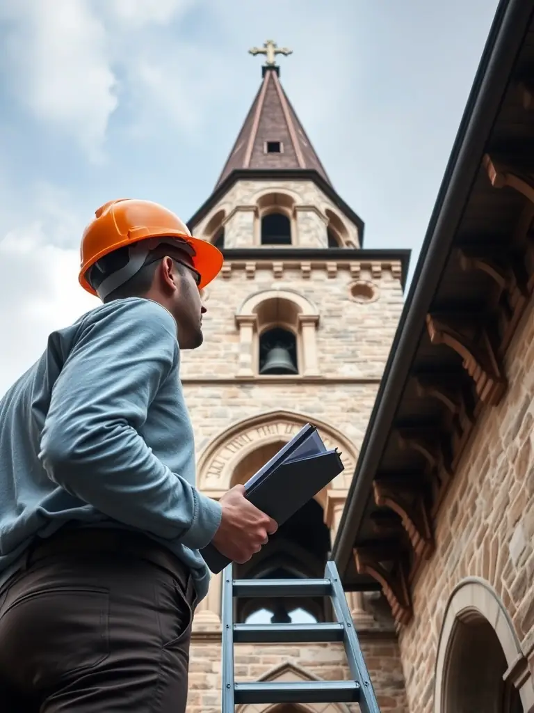 A picture of an architect examining the structural integrity of the church's bell tower, highlighting the importance of expert assessments in preservation efforts.