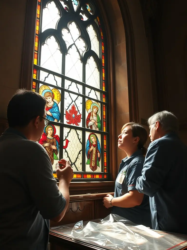 A photograph of volunteers cleaning and restoring a stained glass window in the Saint Hilaire church, showcasing the meticulous work involved in preserving the church's artistic heritage.