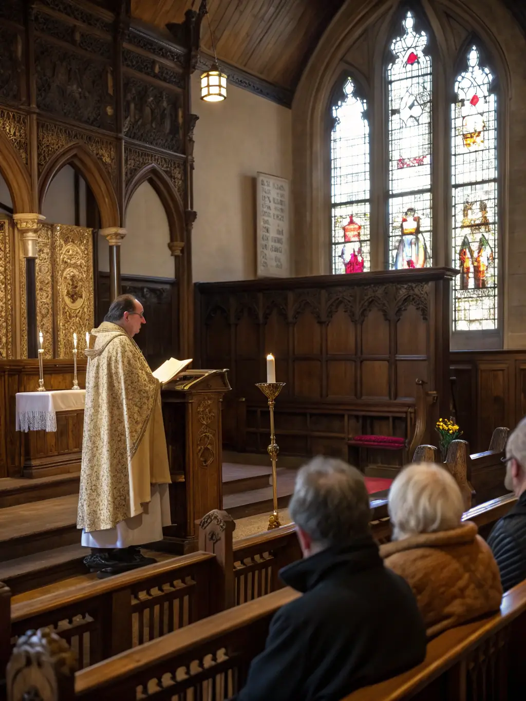 A photo of a group of people attending a historical lecture inside the Église Saint-Hilaire, focusing on the church's role in the community's history.