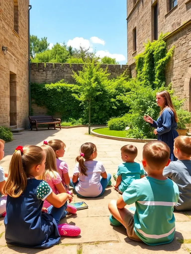 A photo of children participating in an educational program about the history of the Église Saint-Hilaire, emphasizing the importance of passing down knowledge to younger generations.