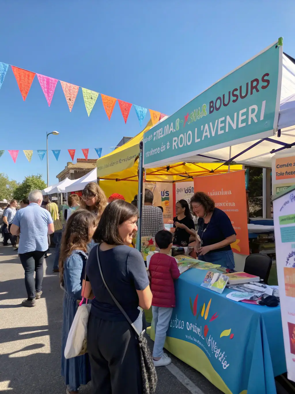 A photograph of a fundraising event held near the Église Saint-Hilaire, showing community members enjoying food, music, and activities to support the church's restoration.