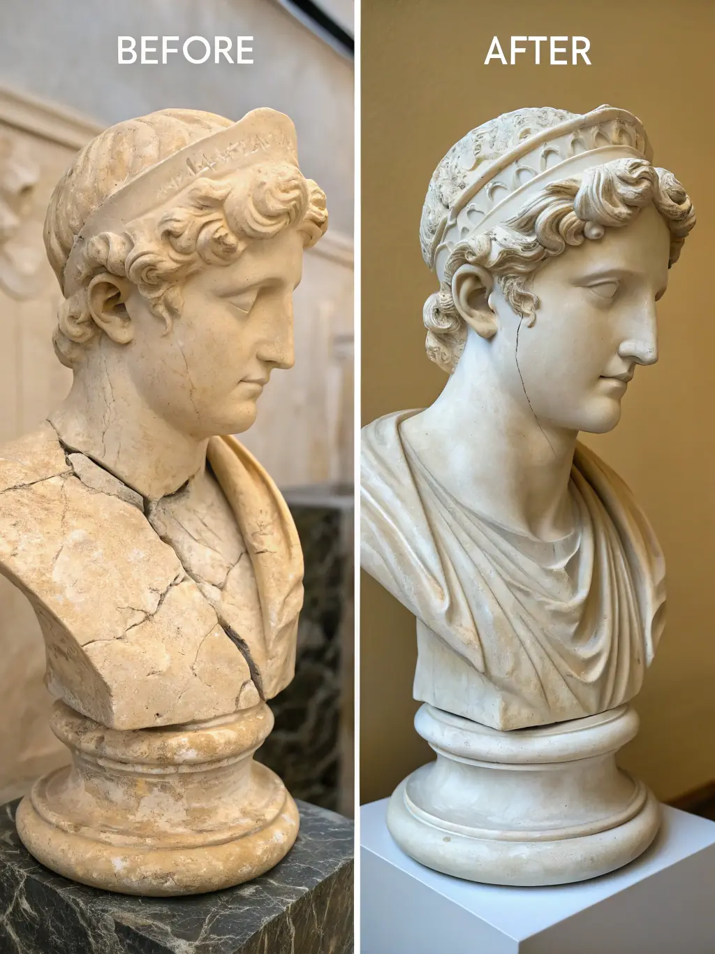 A before-and-after photo showcasing a successful restoration project on a section of the Église Saint-Hilaire, demonstrating the tangible impact of donations.